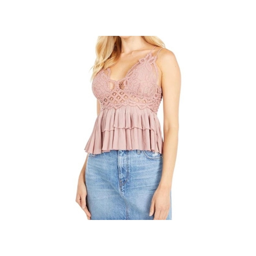 Free People FP One Adella Cami Mauve Lace Boho Ruffle Tiered Tank Top Small